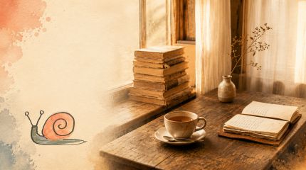 A warm reading nook with books and soft light