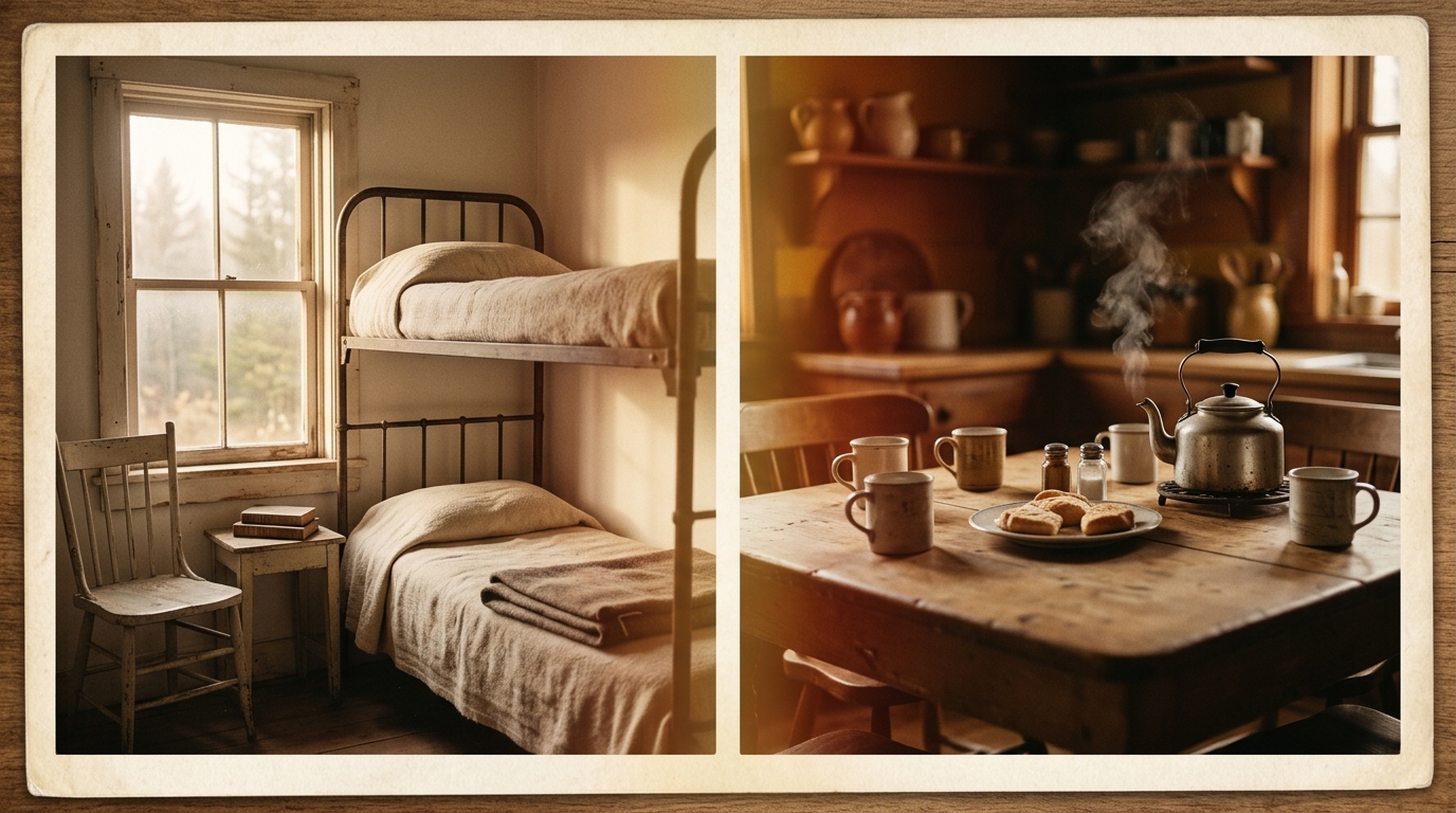 Soft light over a bunk bed and a family kitchen table
